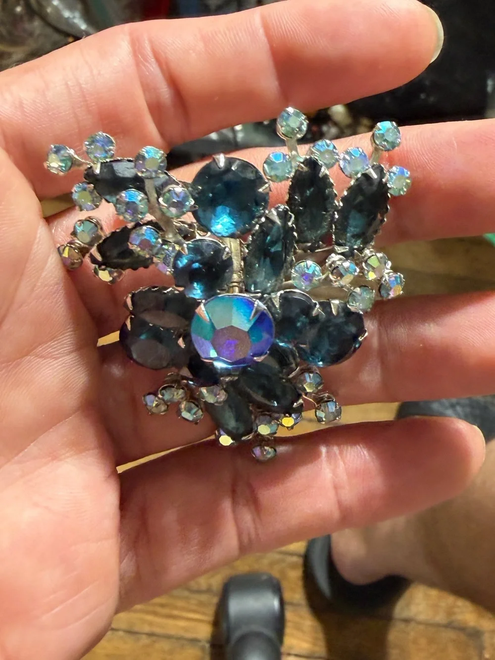 Vintage Silver Tone Flower Blue Navette Aurora Borealis Rhinestone 1930s Brooch